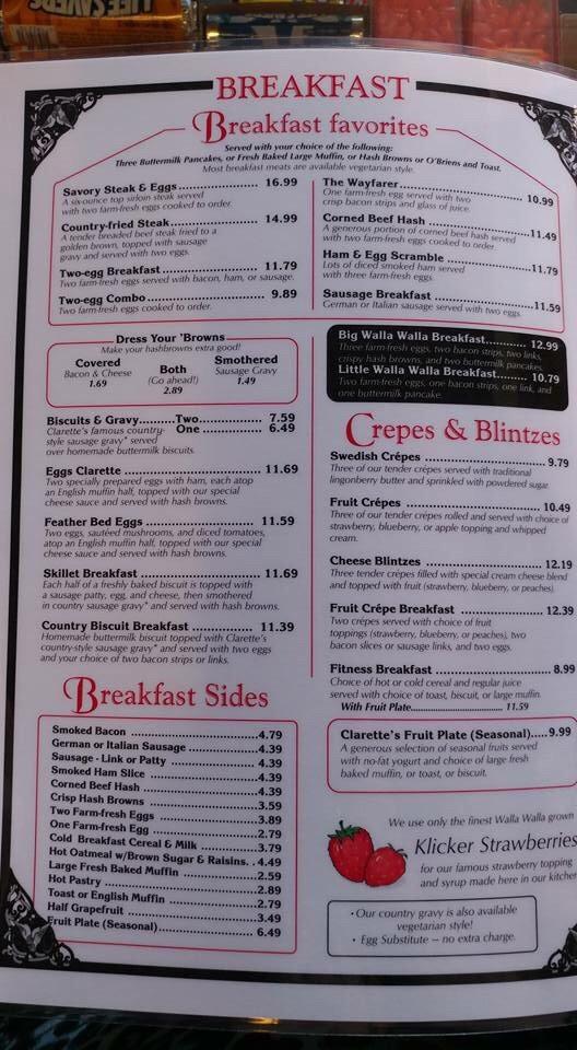Menu at Clarette's Restaurant, Walla Walla, 15 S Touchet St
