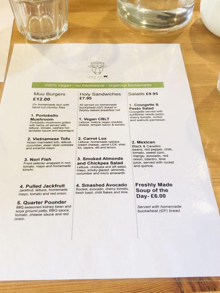 Menu at Holy Cow pub & bar, Edinburgh