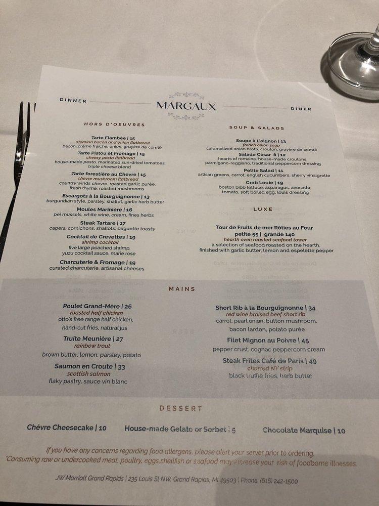 Menu at Margaux restaurant, Grand Rapids