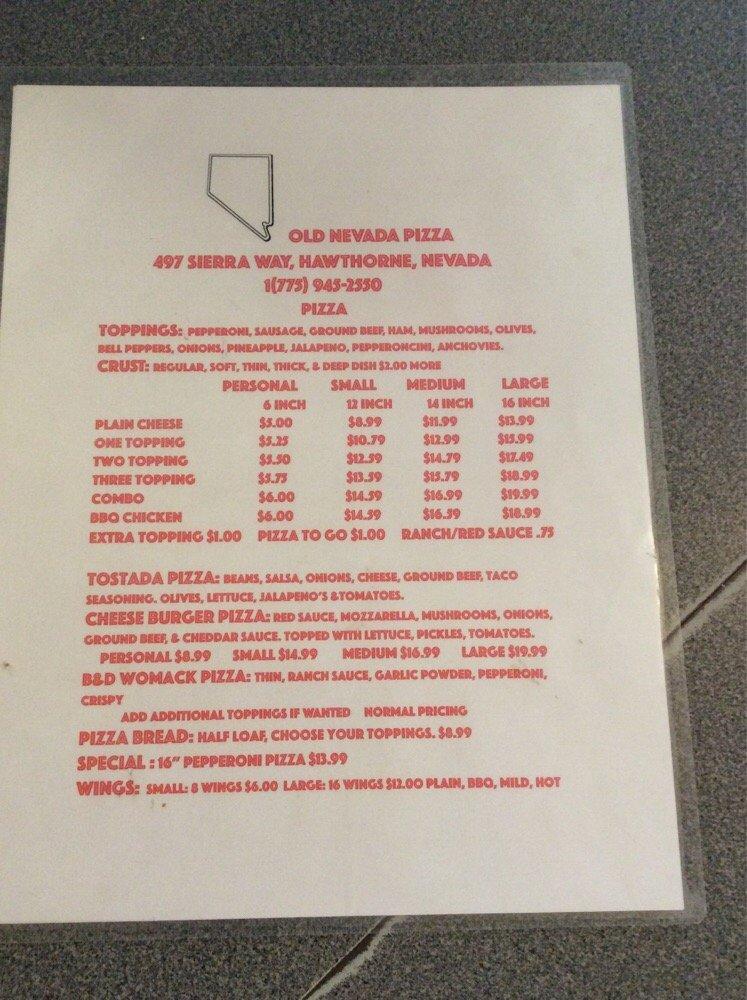 Menu at Old Nevada Pizza pizzeria, Hawthorne