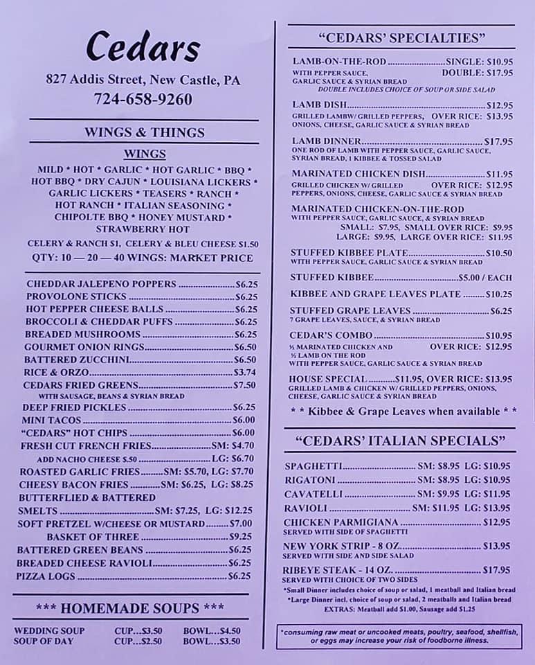 Menu at Cedars restaurant, New Castle