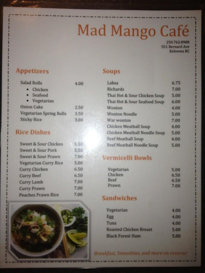 Menu at Mad Mango Cafe, Kelowna