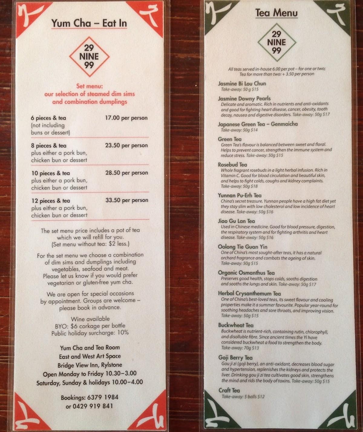 Menu at 29 Nine 99 Yum Cha & Tea House fast food, Rylstone