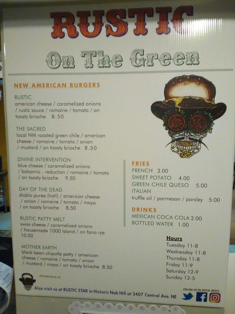 Menu at Rustic on the Green restaurant, Albuquerque