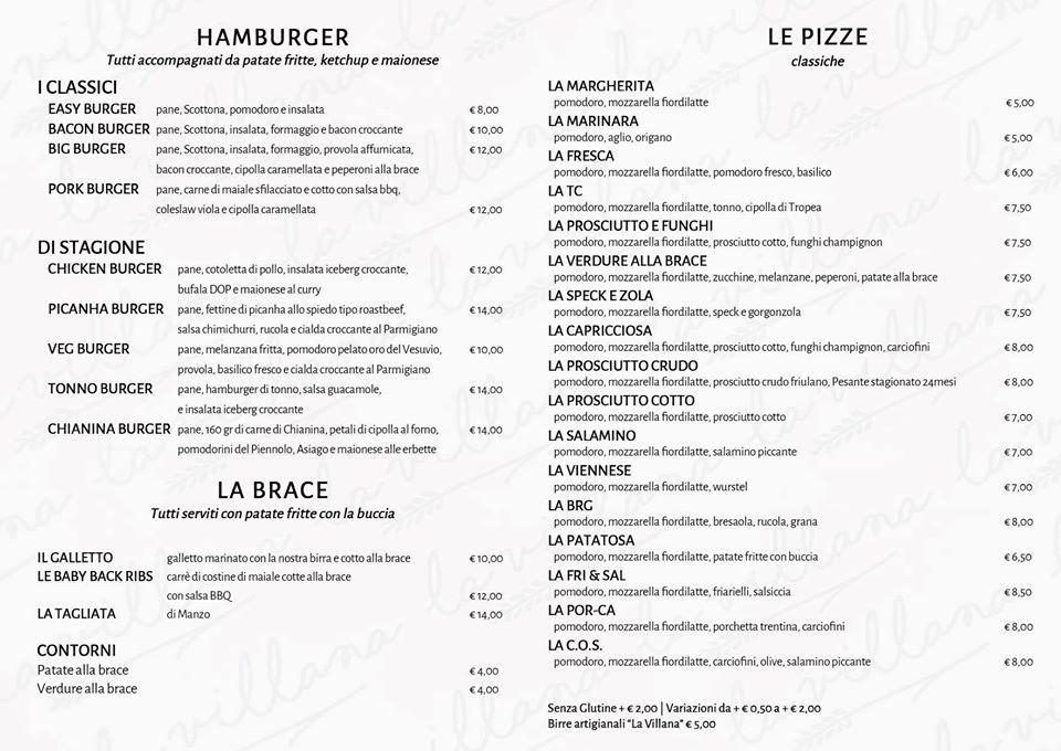 Menu at La Villana Birra, Pizza & Brace restaurant, Grantorto