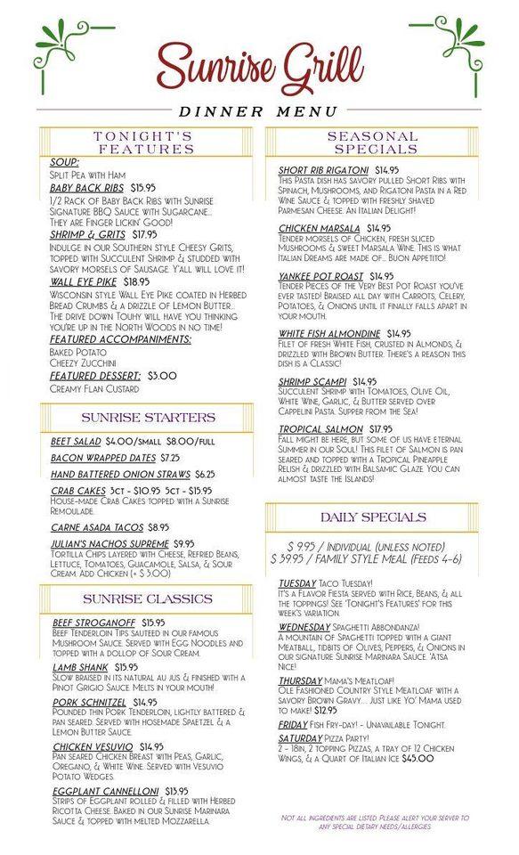 Menu at Sunrise Grill desserts, Des Plaines, E Touhy Ave