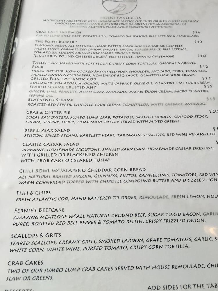 Menu at The Point Crab House & Grill restaurant, Arnold