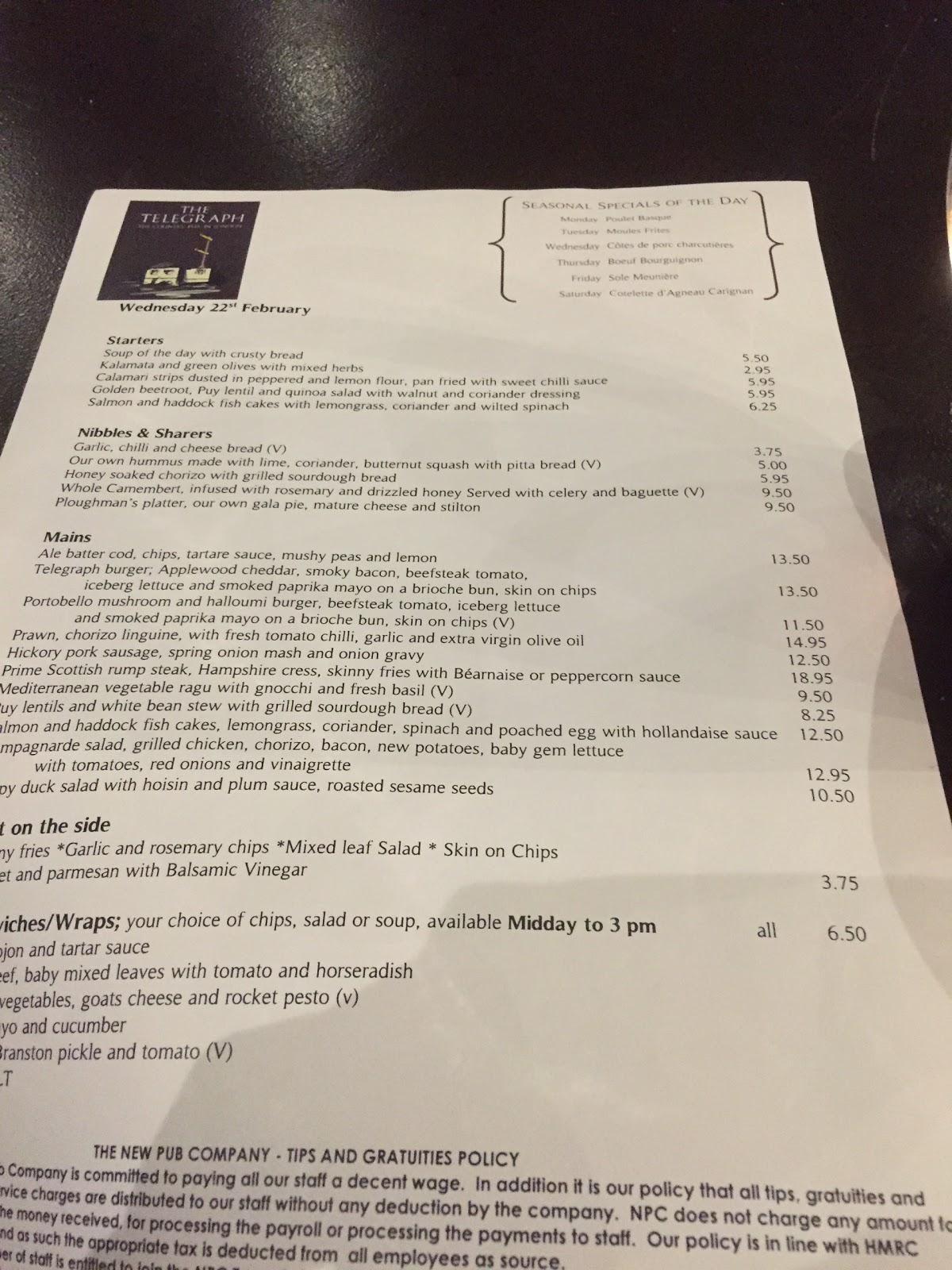 Menu at The Telegraph pub & bar, London, Putney Heath