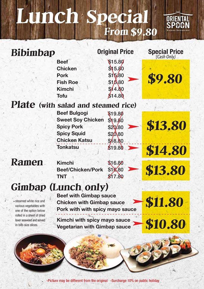 Menu at Oriental Spoon Korean Restaurant, Port Macquarie