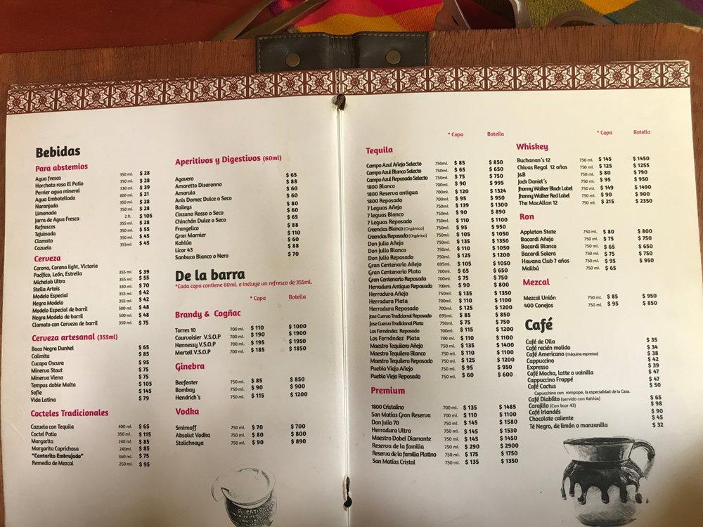 Carta del restaurante El Patio Tlaquepaque, San Pedro Tlaquepaque