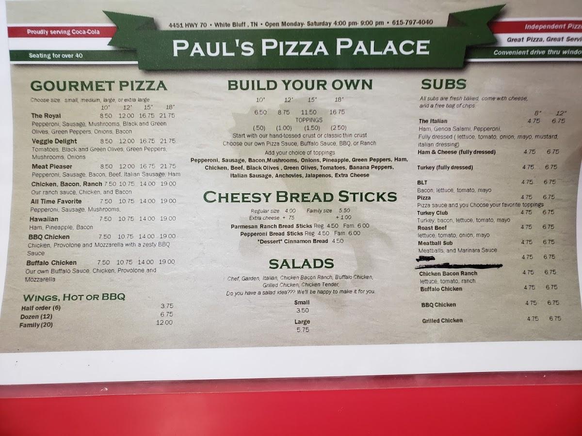 Menu at Paul's Pizza Palace pizzeria, White Bluff
