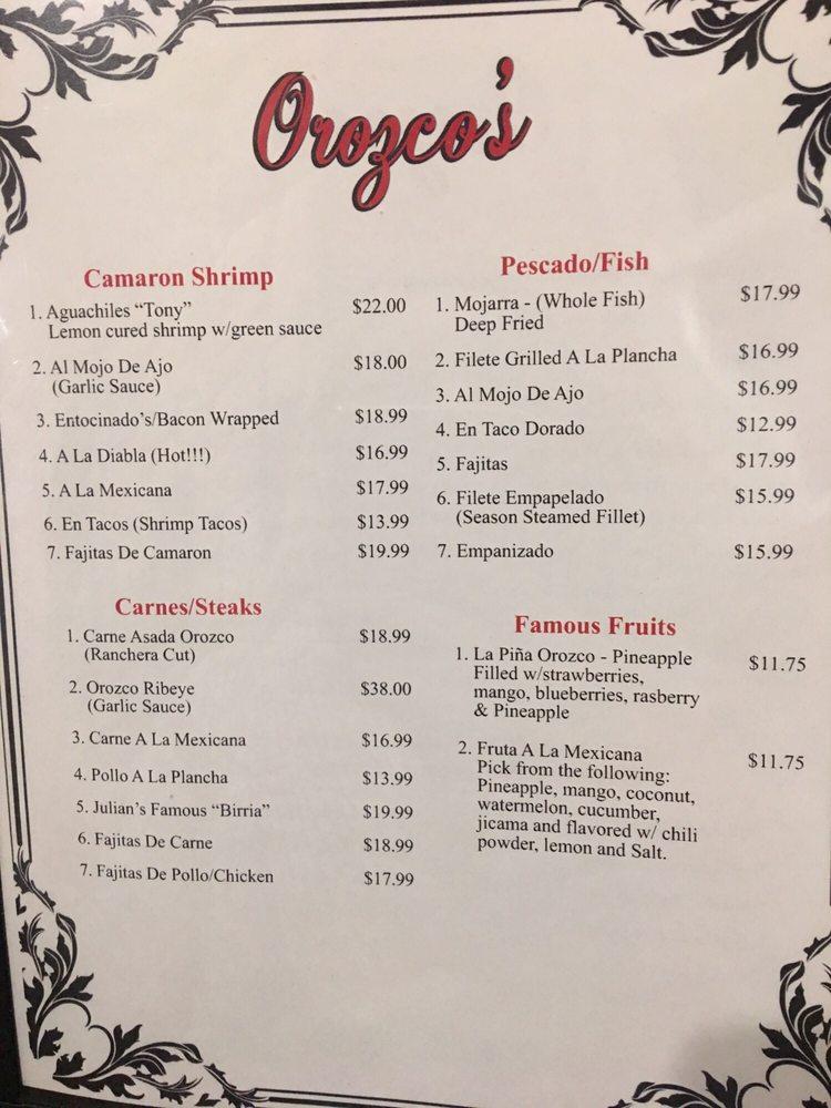 Menu at Orozco's de Ventura steakhouse, Ventura