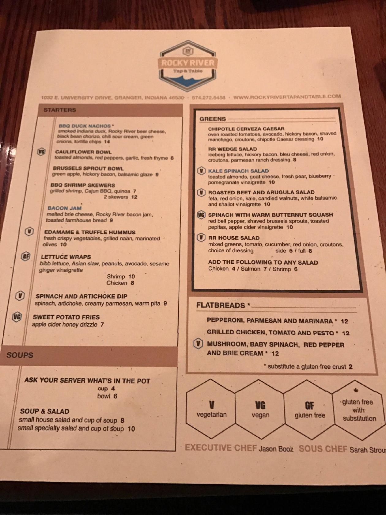 Menu at Rocky River Tap and Table of Mishawaka pub & bar, Granger