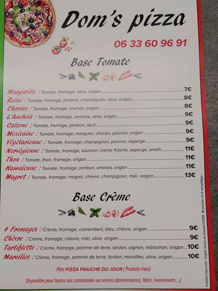 Menu at Dom's pizza restaurant, France