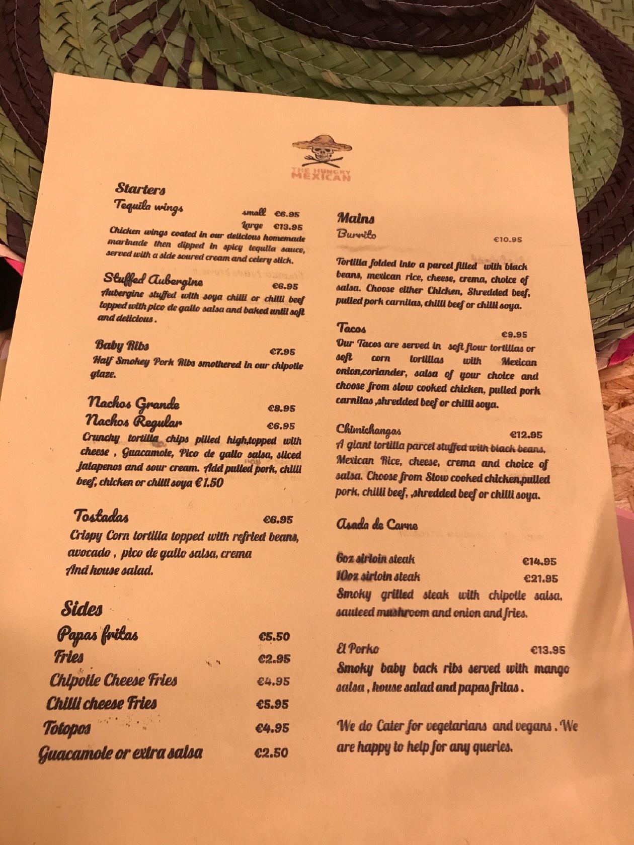 Menu at The Hungry Mexican Restaurant, Dublin, 5 Aston Quay