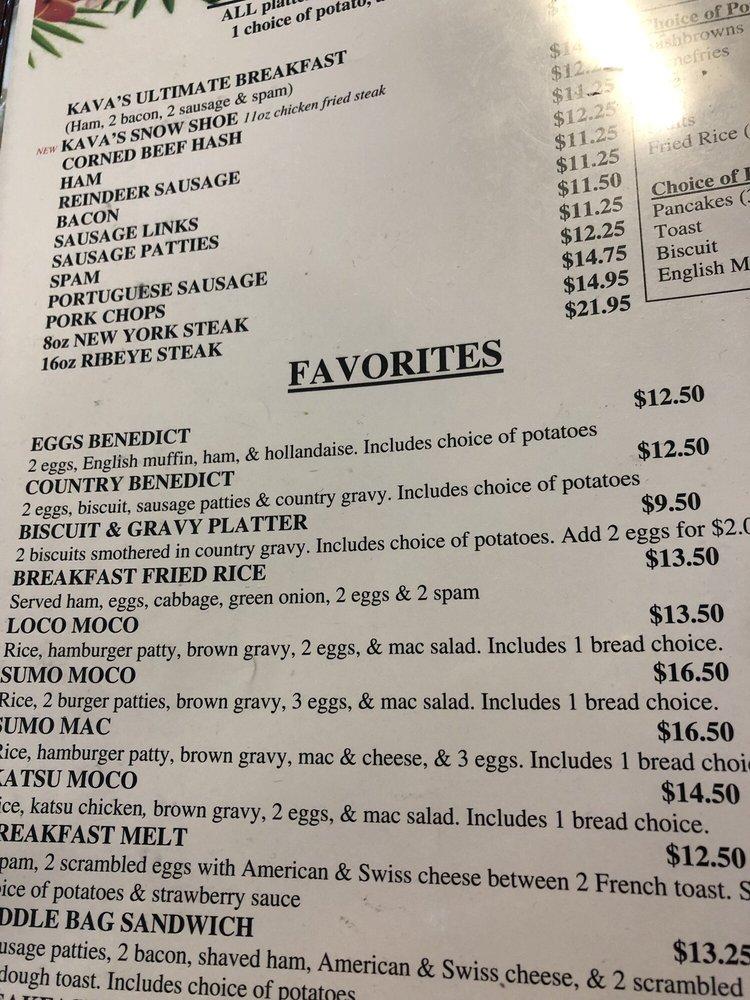 Menu at Kava's Pancake House restaurant, Anchorage, 100 Muldoon Rd