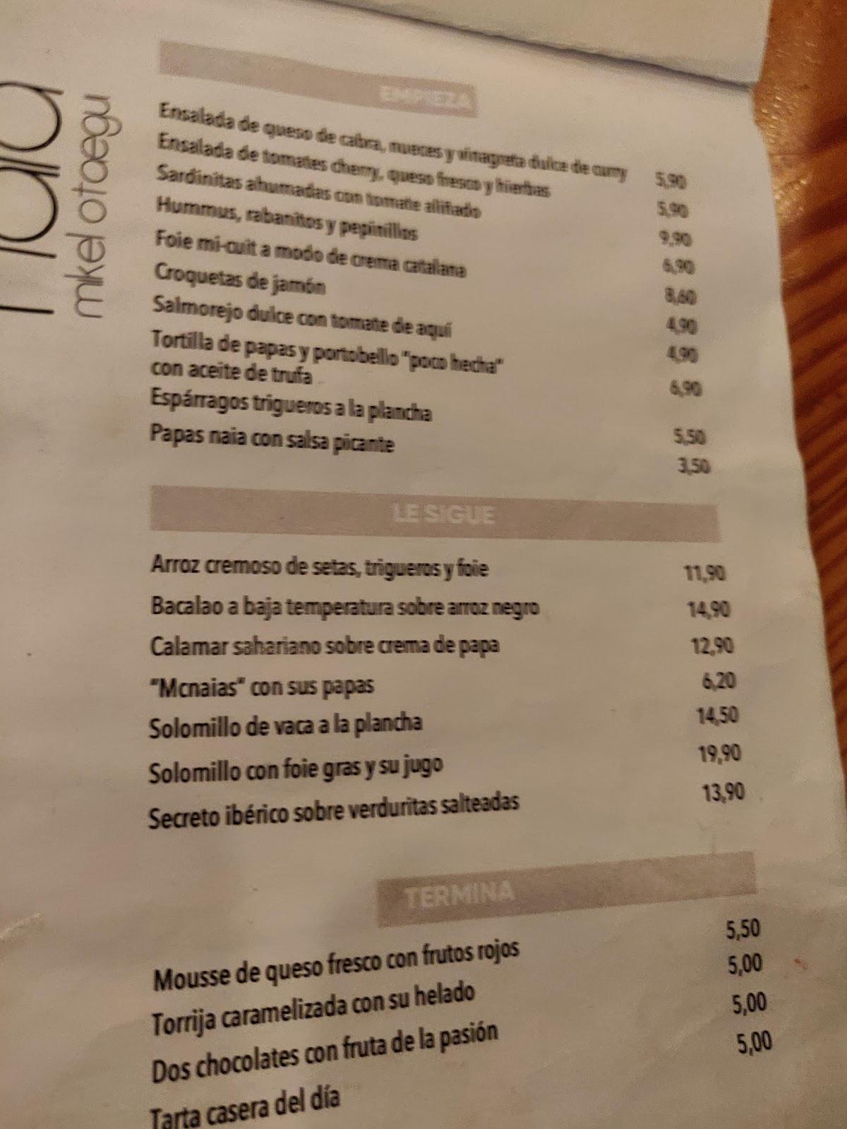 Carta de Restaurante Naia Lanzarote, Arrecife