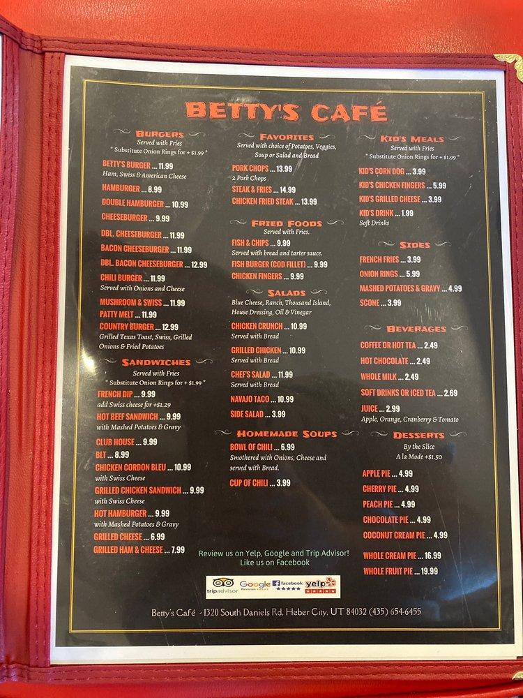 Menu at Betty's Cafe, Heber City