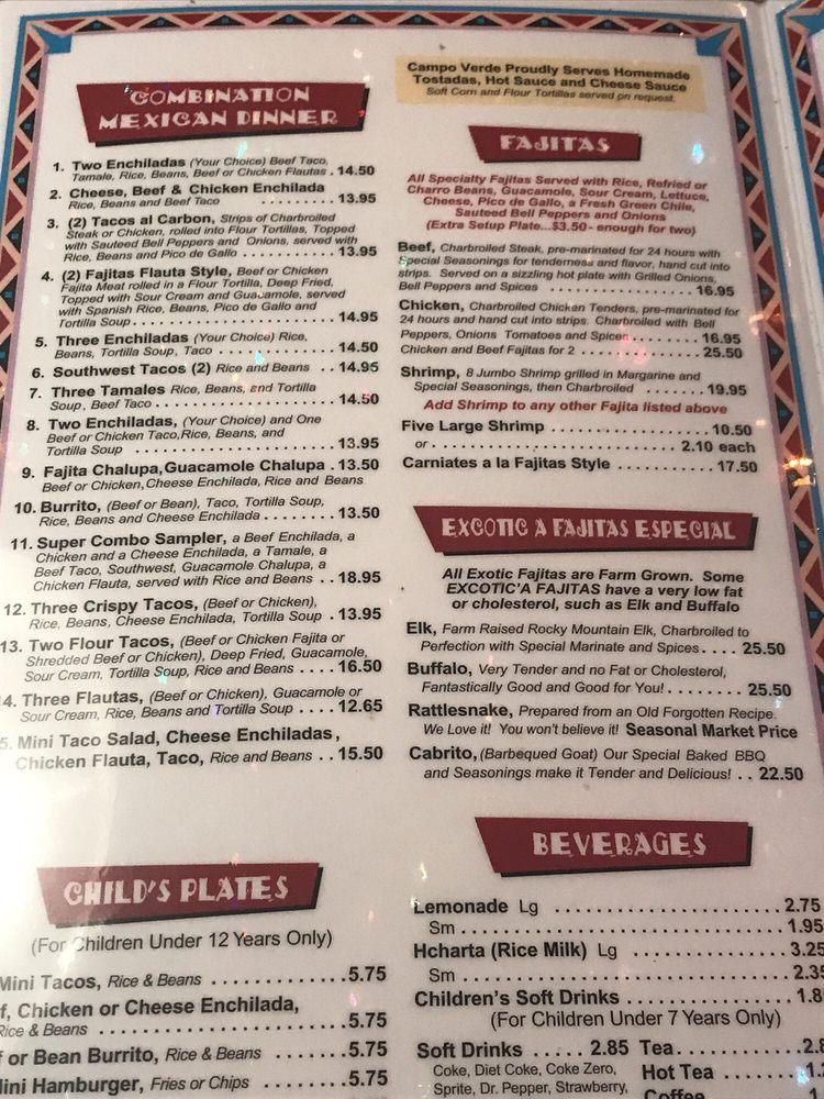 Menu at Campo Verde pub & bar, Arlington, W Pioneer Pkwy