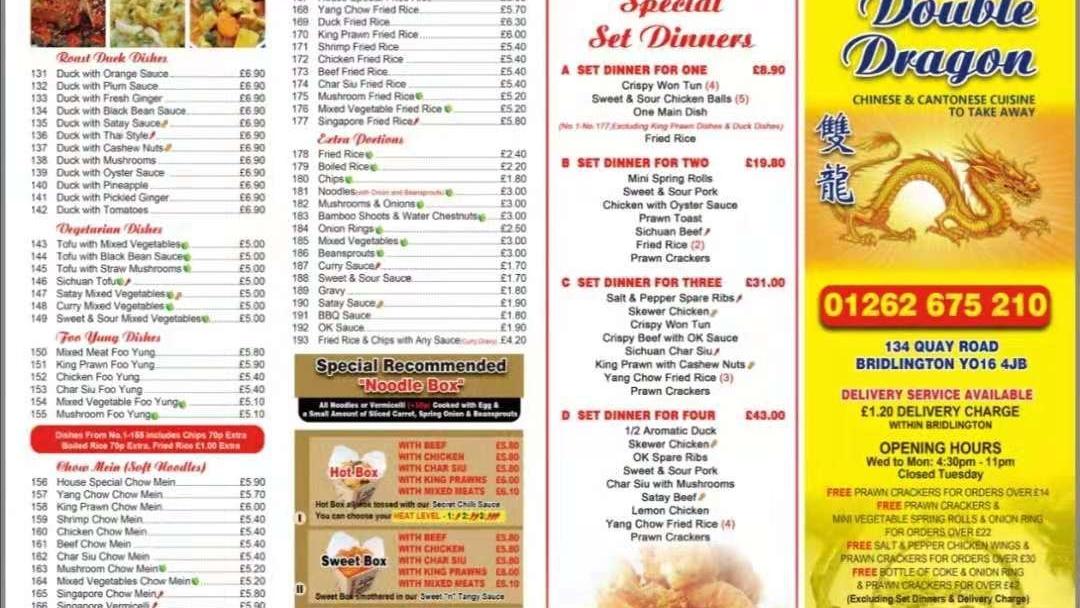 Menu at Double Dragon fast food, Bridlington