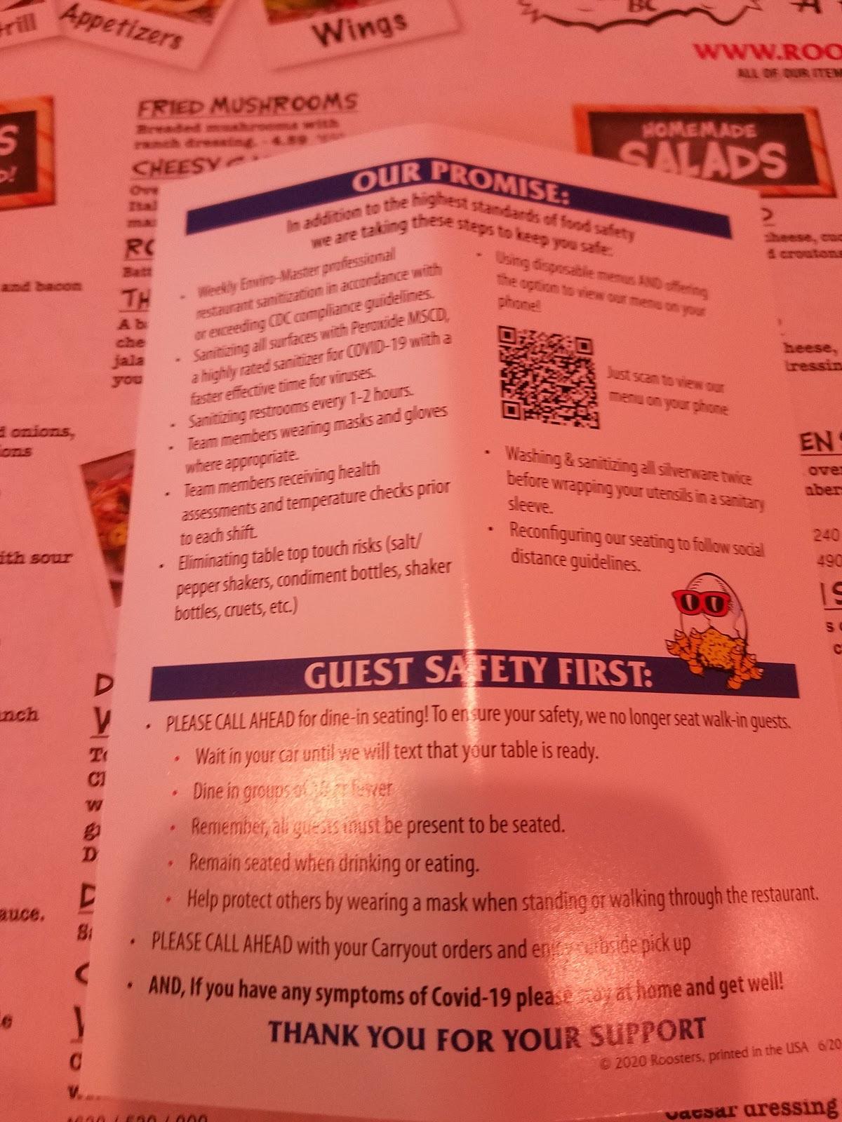 Menu at Roosters restaurant, Wilmington