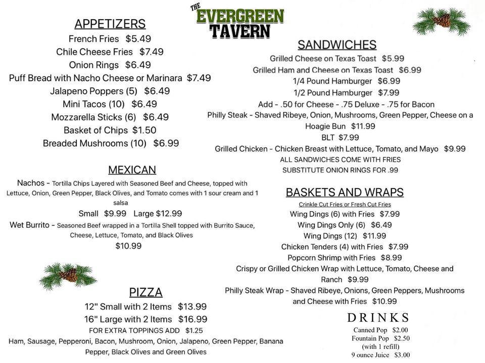 Menu at Evergreen Tavern pub & bar, Hemlock