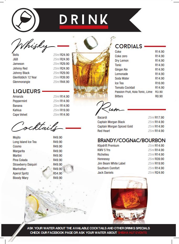Menu at Shisha Hut restaurant, Cape Town