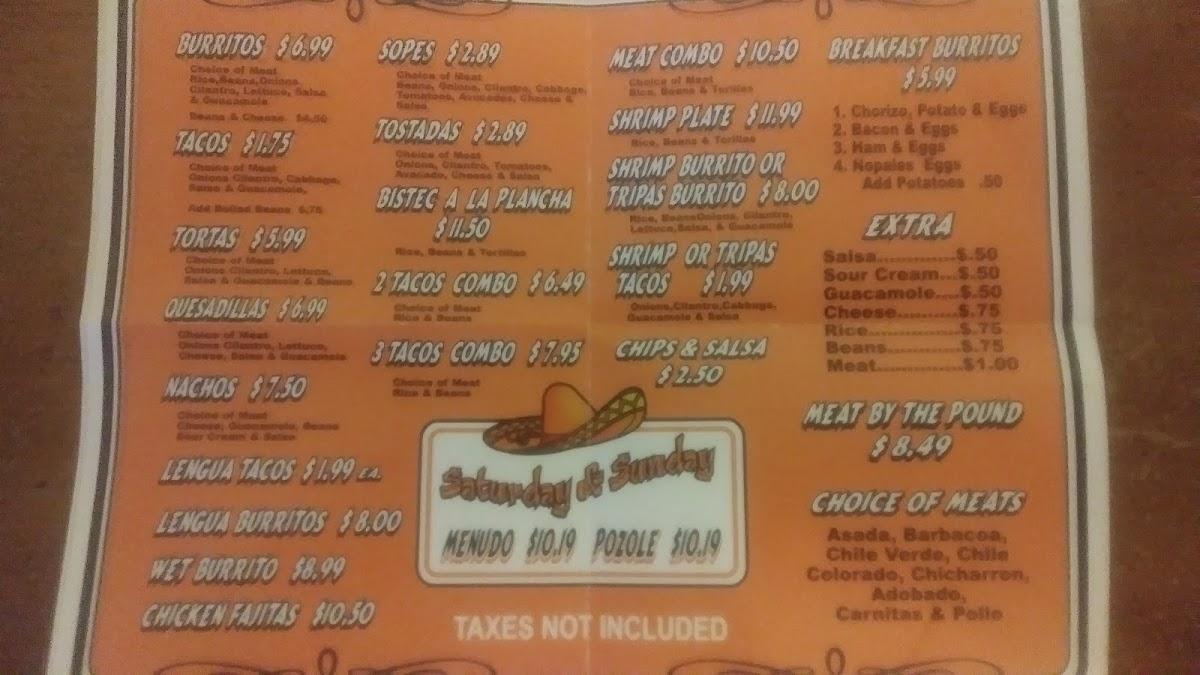Menu at Carniceria y Taqueria Karlitas restaurant, Clovis