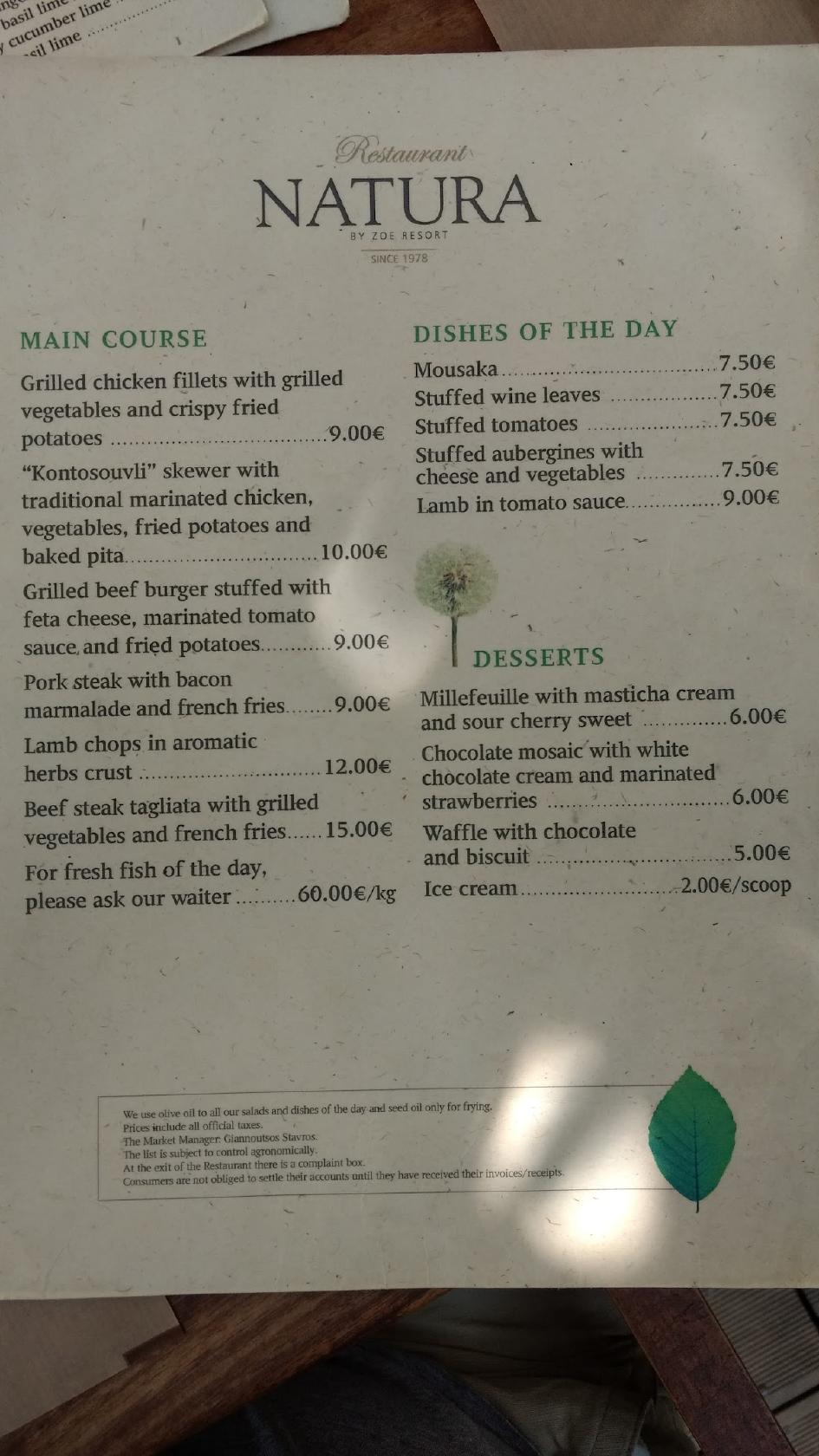 Menu at Restaurant Natura, Gialova