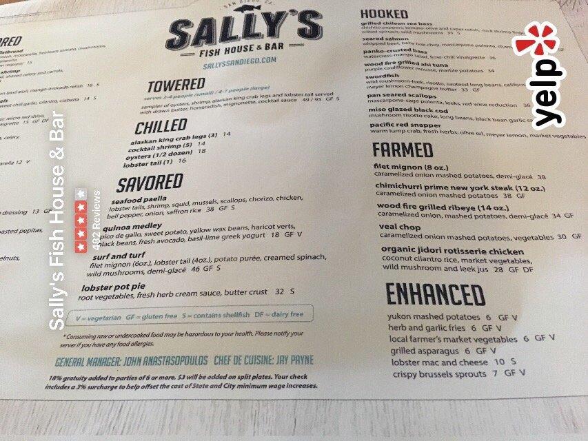 Menu at Sally's Fish House & Bar, San Diego