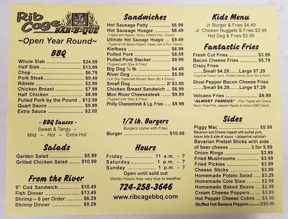 Menu at Rib Cage BBQ, Monongahela