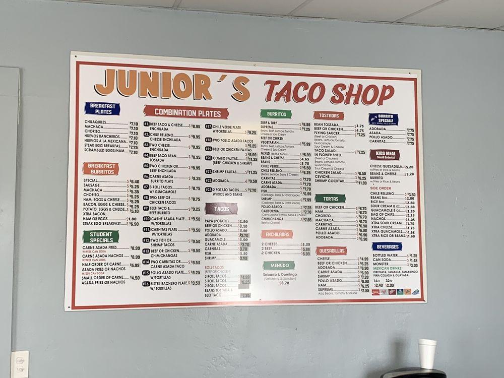 Menu at Junior's Taco Shop restaurant, Escondido