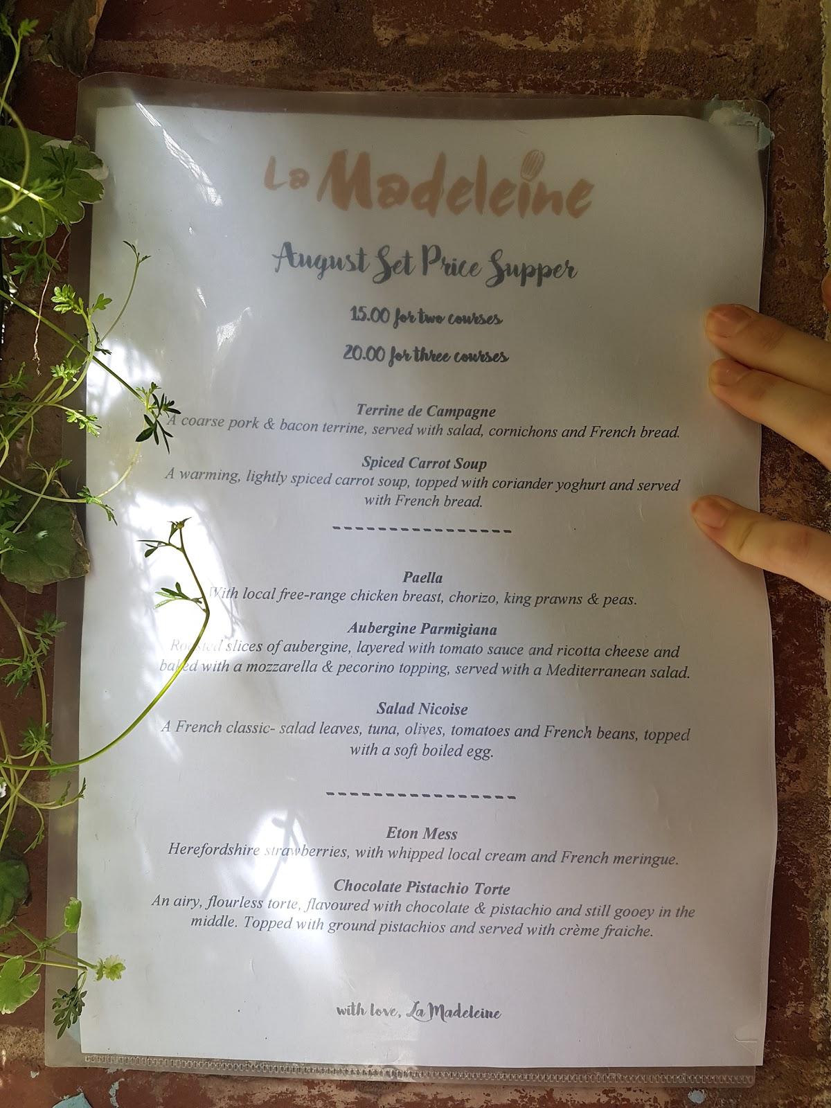 Menu at La Madeleine restaurant, Hereford