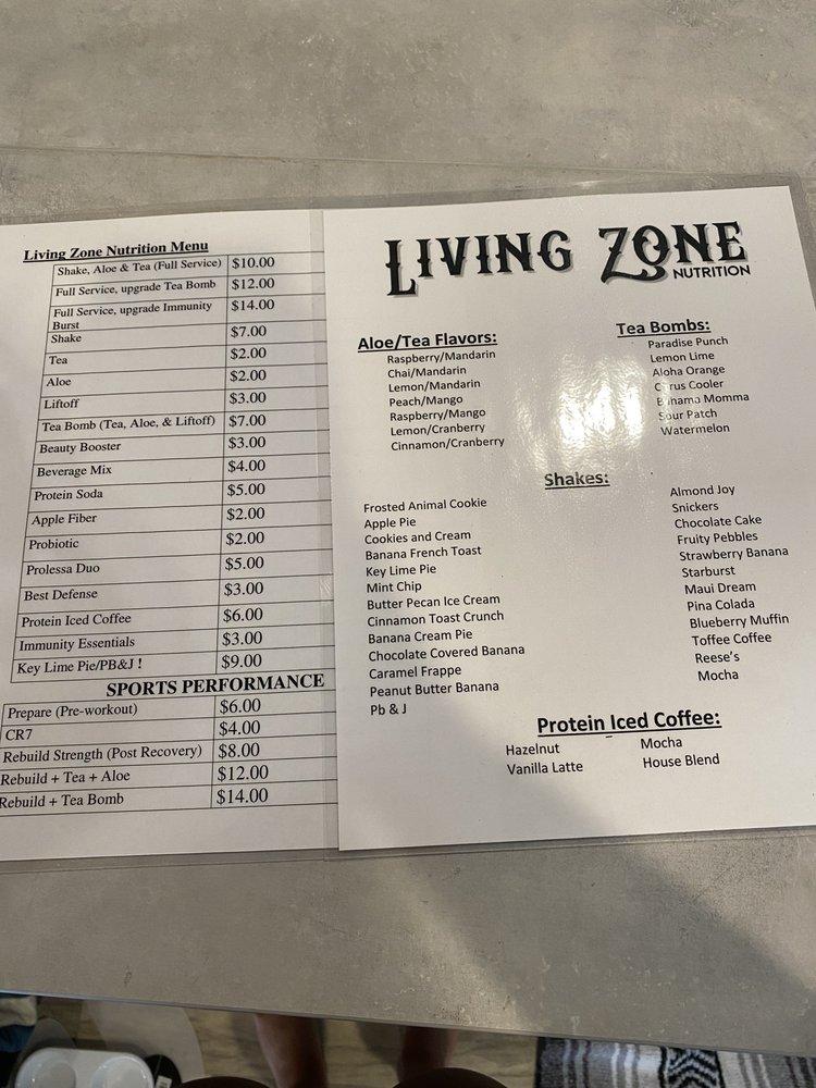 Menu at Living Zone Nutrition pub & bar, Placerville