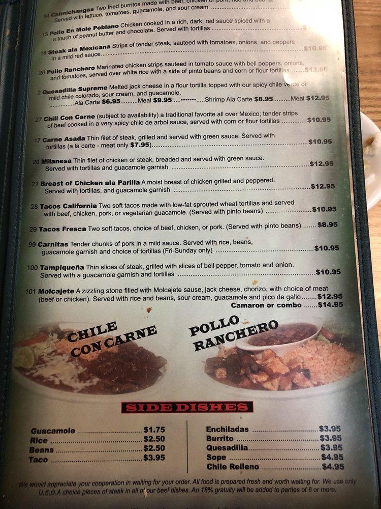 Menu at La Morenita restaurant, Merced