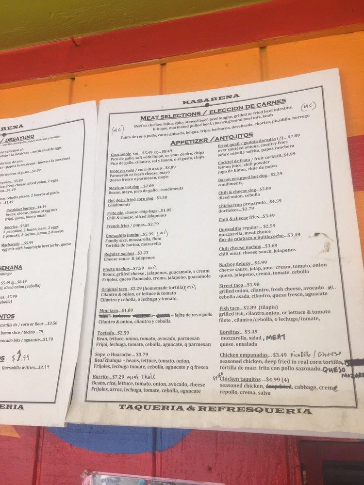 Menu at Kasarena Taqueria Refresqueria restaurant, Houston