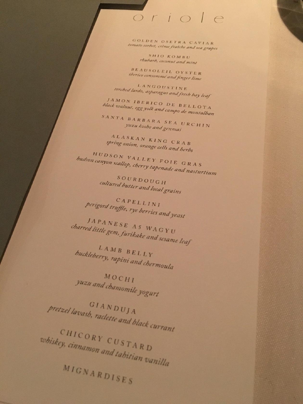 Menu At Oriole Restaurant, Chicago