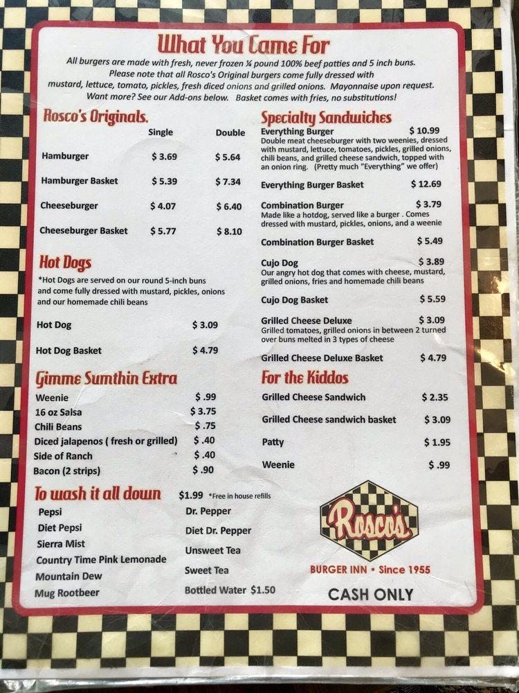 Menu at Rosco's Burger Inn restaurant, El Paso