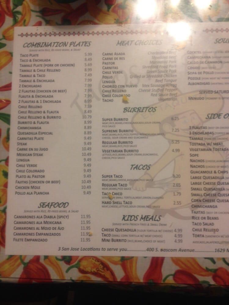 Menu at Tacos al Pastor restaurant, San Jose, 428 Toyon Ave