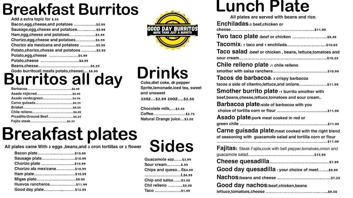 Menu At Good Day Burritos Restaurant Amarillo