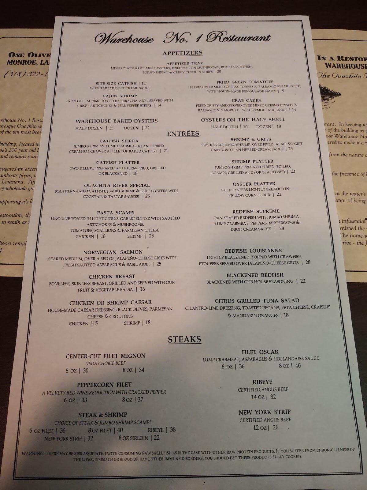Menu at Warehouse No. 1 Restaurant, Monroe