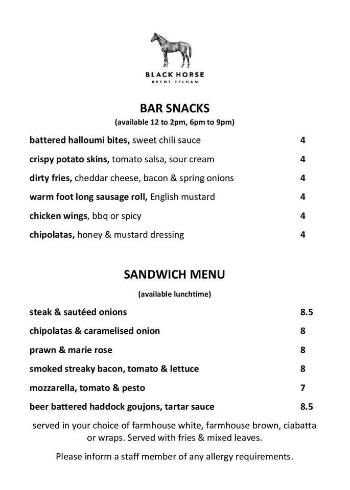 Menu at The Black Horse pub & bar, Brent Pelham
