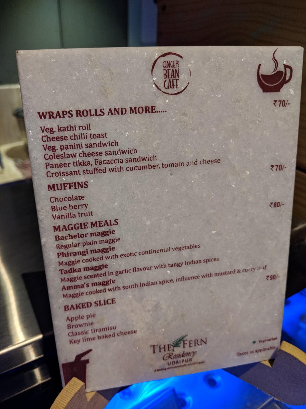 Menu at Ginger Bean Cafe, Udaipur