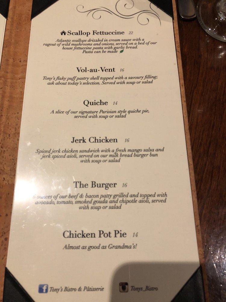 Menu at Tony's Bistro & Patisserie cafe, Moncton