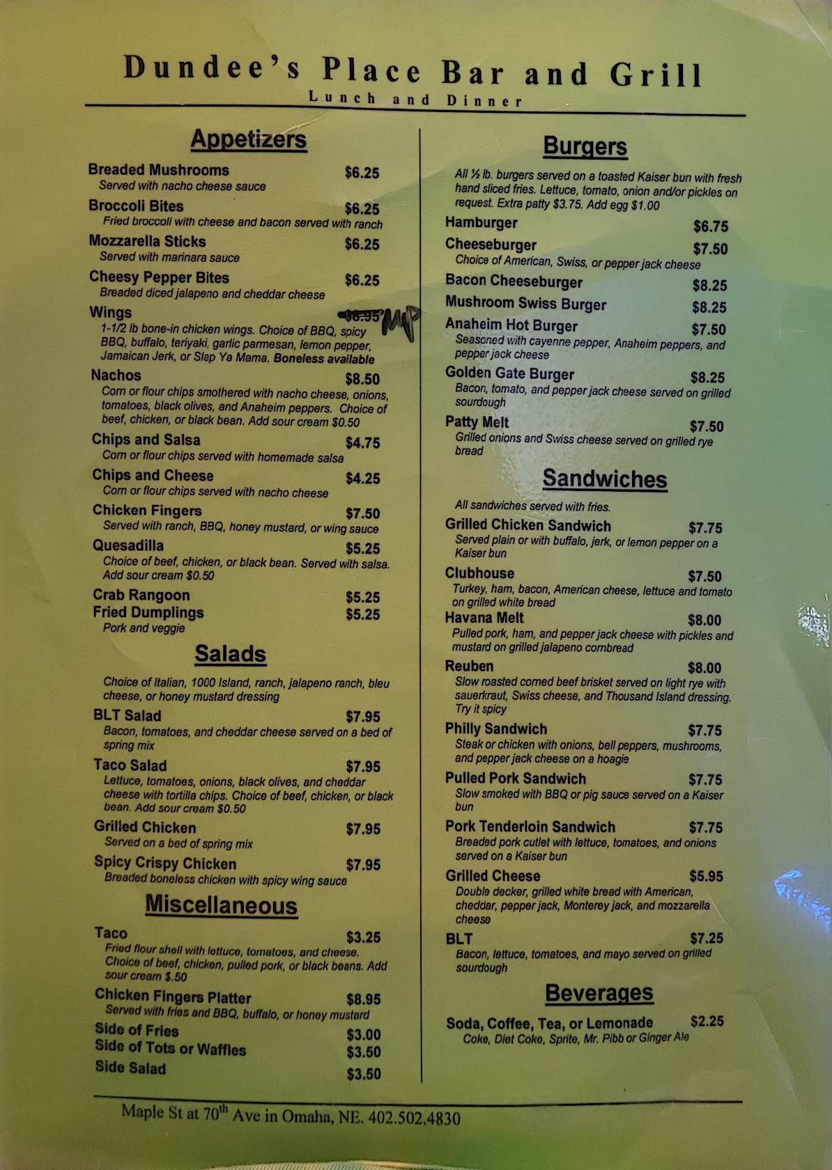 Menu at Dundee’s Place Bar and Grill, Omaha