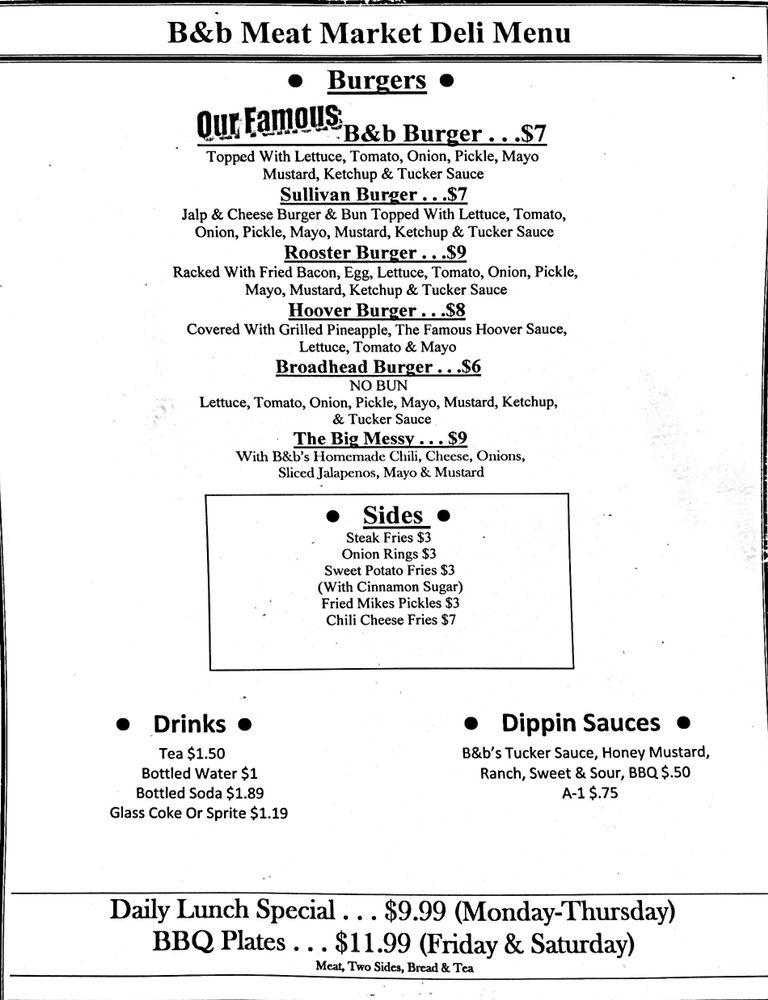 Menu At B&b Meat Market & Deli Restaurant, Mendenhall