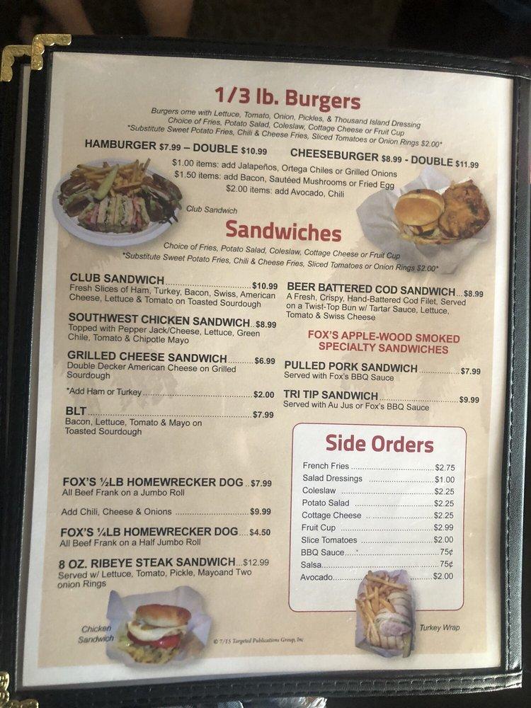 Menu at Foxes Floating Bar, Parker Strip, Rio Lindo Shores Dr