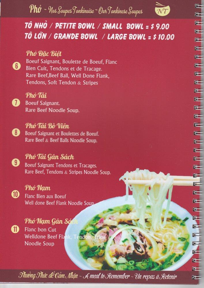 Menu at Pho Ngoc Tuan restaurant, Montréal