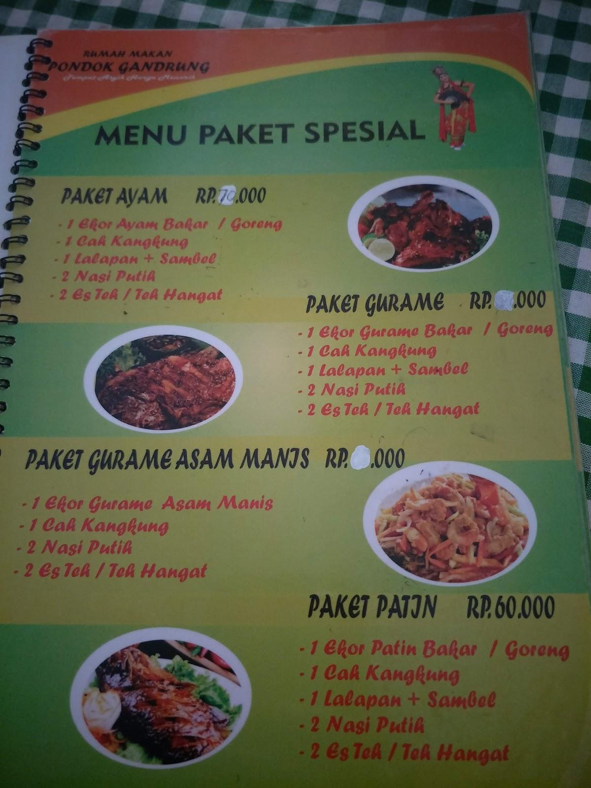 Menu at Pondok Gandrung restaurant, Surabaya, Jl. Ketintang Madya No.61