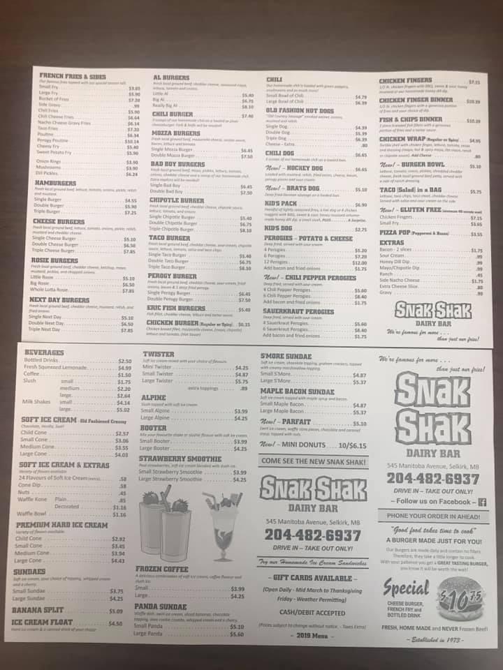 Menu at Snak Shak Dairy Bar, Selkirk